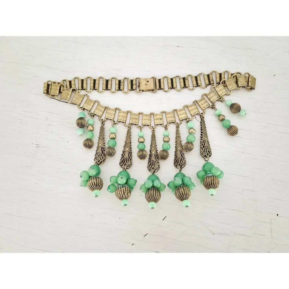 Antique Vintage Art Deco Book Chain Czech Glass Filigree Dangle Collar Necklace